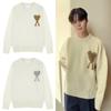 Unisex Chunky Knit Cardigan With Gold Thread Heart Motif Loose Fit Crew Neck Sweater Winter