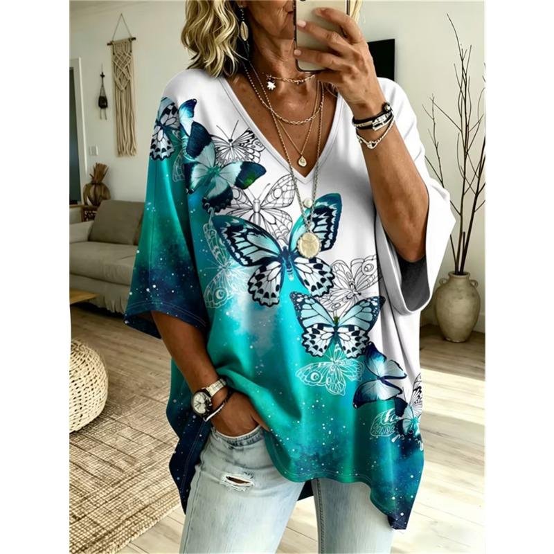 T-shirt da Donna Taglie Forti Scollo a V Maniche a Pipistrello Stampa Etnica Boemia Top Largo Estivo Comodo Traspirante Quotidiano Casual Stile Modellante