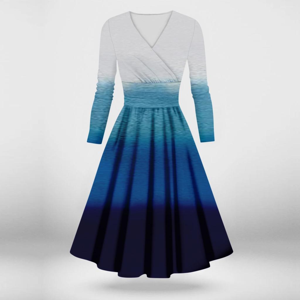 Dámské ležérní a módní sexy šaty s dlouhým rukávem a výstřihem do V s přechodem