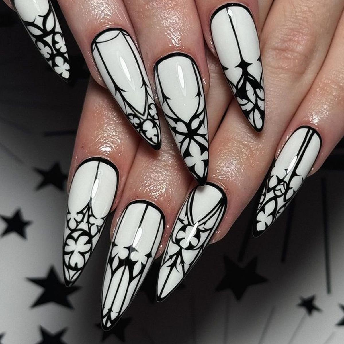 

Black and White Gothic Almond Press-on Nails