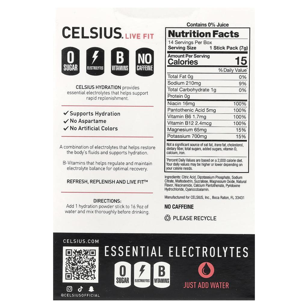 Live Fit, Hydration, Essential Electrolytes, Caffeine Free, Strawberry Watermelon, Hydration Powder Sticks 14 Count, 7.28G (0.26Oz) Each