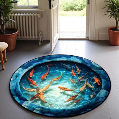 3D Visual Illusion Fish Round Carpet Water Waves Fish Home Decor Non-Slip Mat for Living Room Bedroom Indoor Decorative Mats