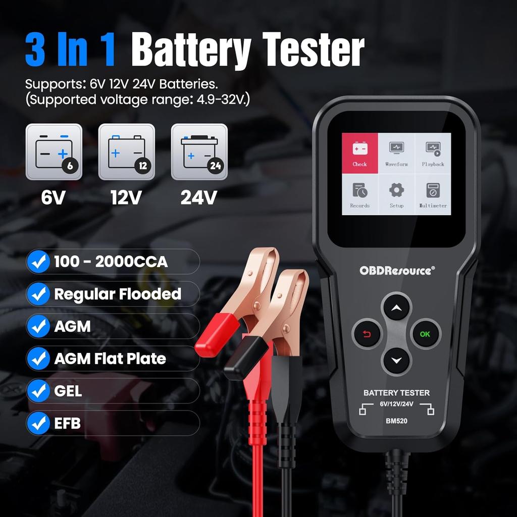 Car Battery Tester 6V-24V 3-in-1 Load Tester for 100-2000 CCA Automotive Battery & Alternator Test