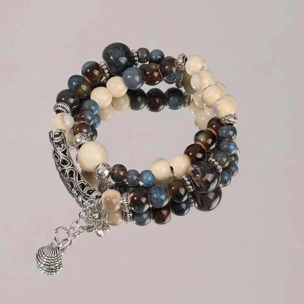 Keramikperlenarmband für Damen, Ethno- und Exotik-Stil, elastisches Seil, chinesisch inspiriertes Design