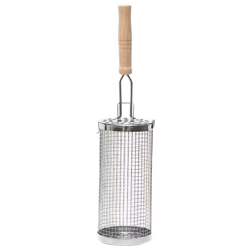 Panier à grillades roulant(2PCS) Manche en bois amovible Acier inoxydable 304, Outils accessoires pour barbecue pour légumes viande nourriture Camping en plein air Barbecue
