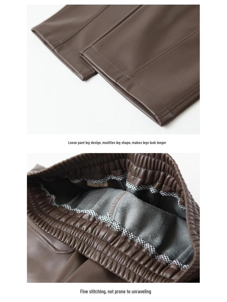 2025 Autumn/Winter Women's High Waist Leather Pants - Stylish Wide-Leg, Loose-Fit, Elastic Drape Trousers