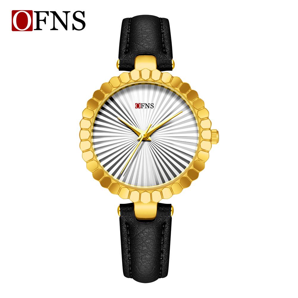 Oufanni Women's Sunburst Quartz Watch with Cowhide Strap – Waterproof, Fan-Shaped Versatile Design, Model 1643.