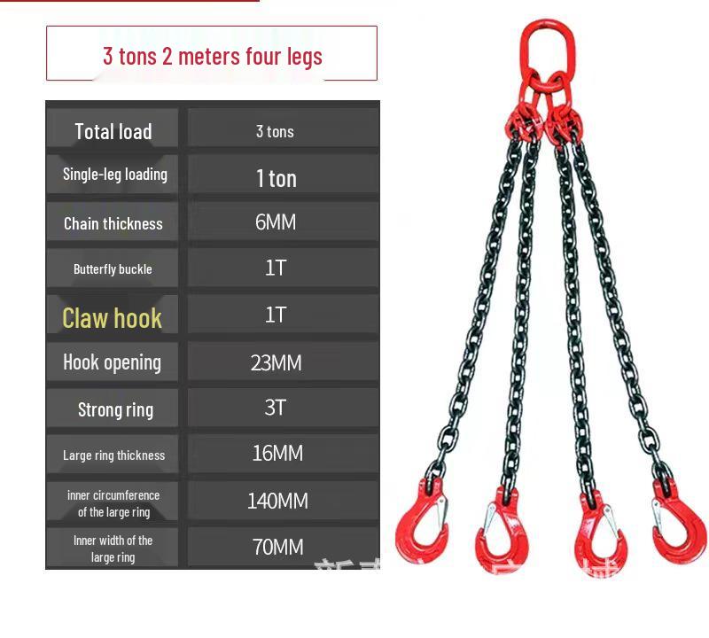 Four-Limb Lifting Chain Sling Set with Two Hooks and Lifting Eyes - Available in Single, Double, and Four Leg Options