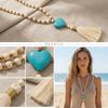 Artistic Retro Inspired Statement Necklace Sweater Chain Jewelry With Imitation Turquoise And Wood Bead Accent