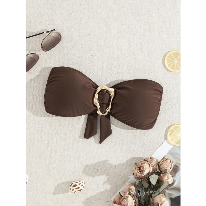 

Split tube top neck metal accessories swimsuit set bikini solid color pure desire XS