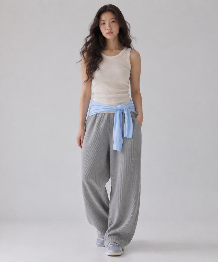 Sayu Soft Waffle Curved Elastic Waist Pants Melange Gray