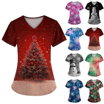 Women's Short Sleeve Christmas Printed V-Neck Pocket Uniform Top