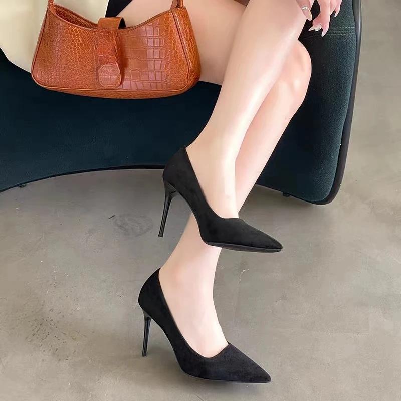 Fashion Women's New Autumn Thin Heel Single Shoes Pointed Shallow Mouth Flannelette Anti-slip Wear-resistant High-heel Low-top Shoes