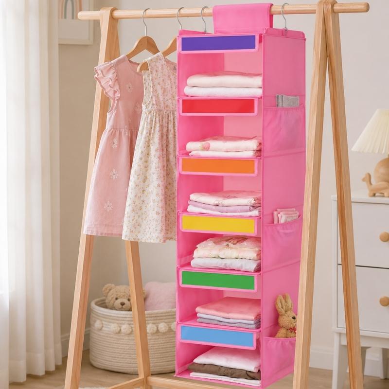 Hanging Closet Shelves for Kids Clothes, 6 Section Weekly Storage with Side Pockets and Fabric Shelf Design for Home Use