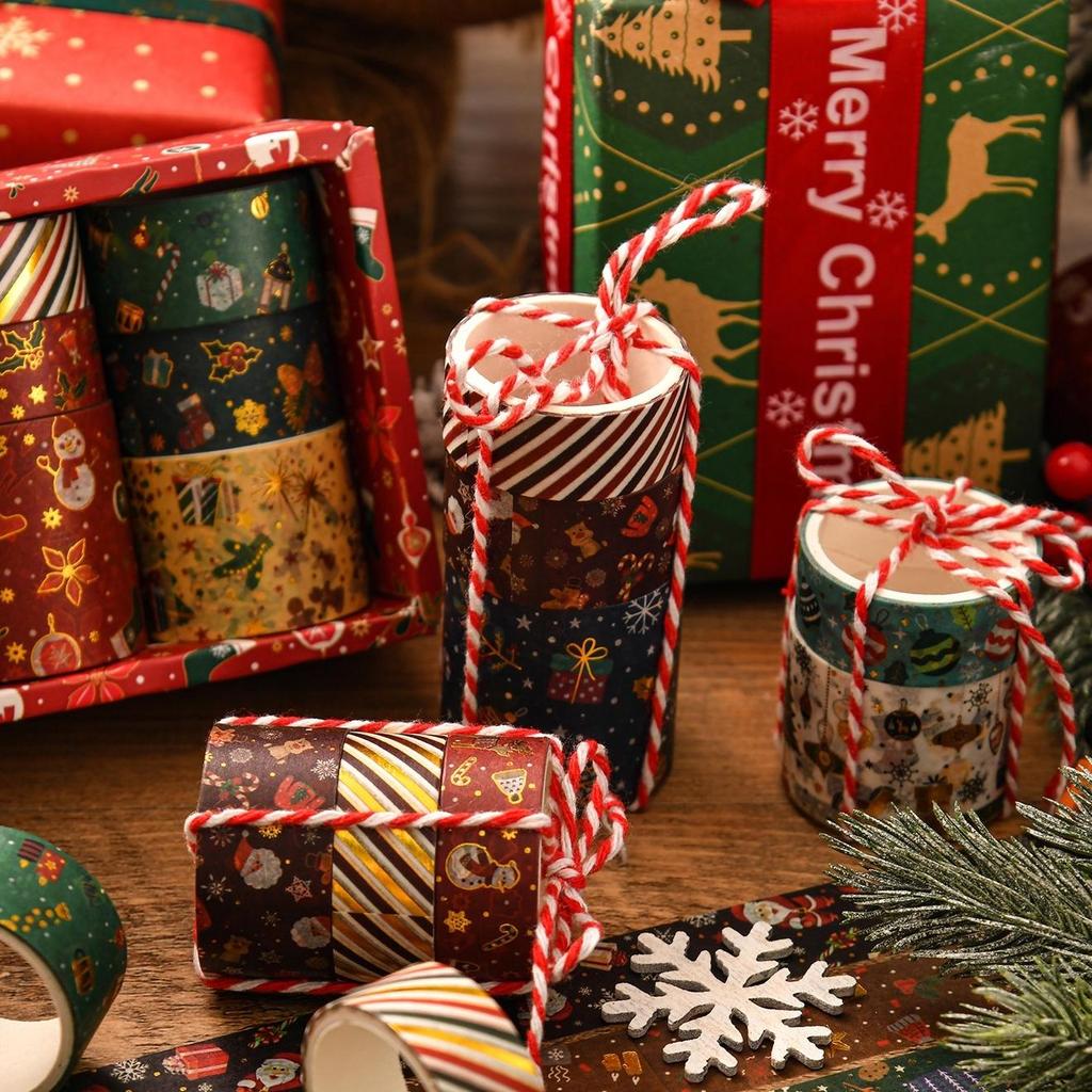 6 ruller Merry Xmas Washi Tapes Sett Gullfolie Selvklebende Maskeringstape Juledekorasjonsklistremerker for Album Gaveinnpakning