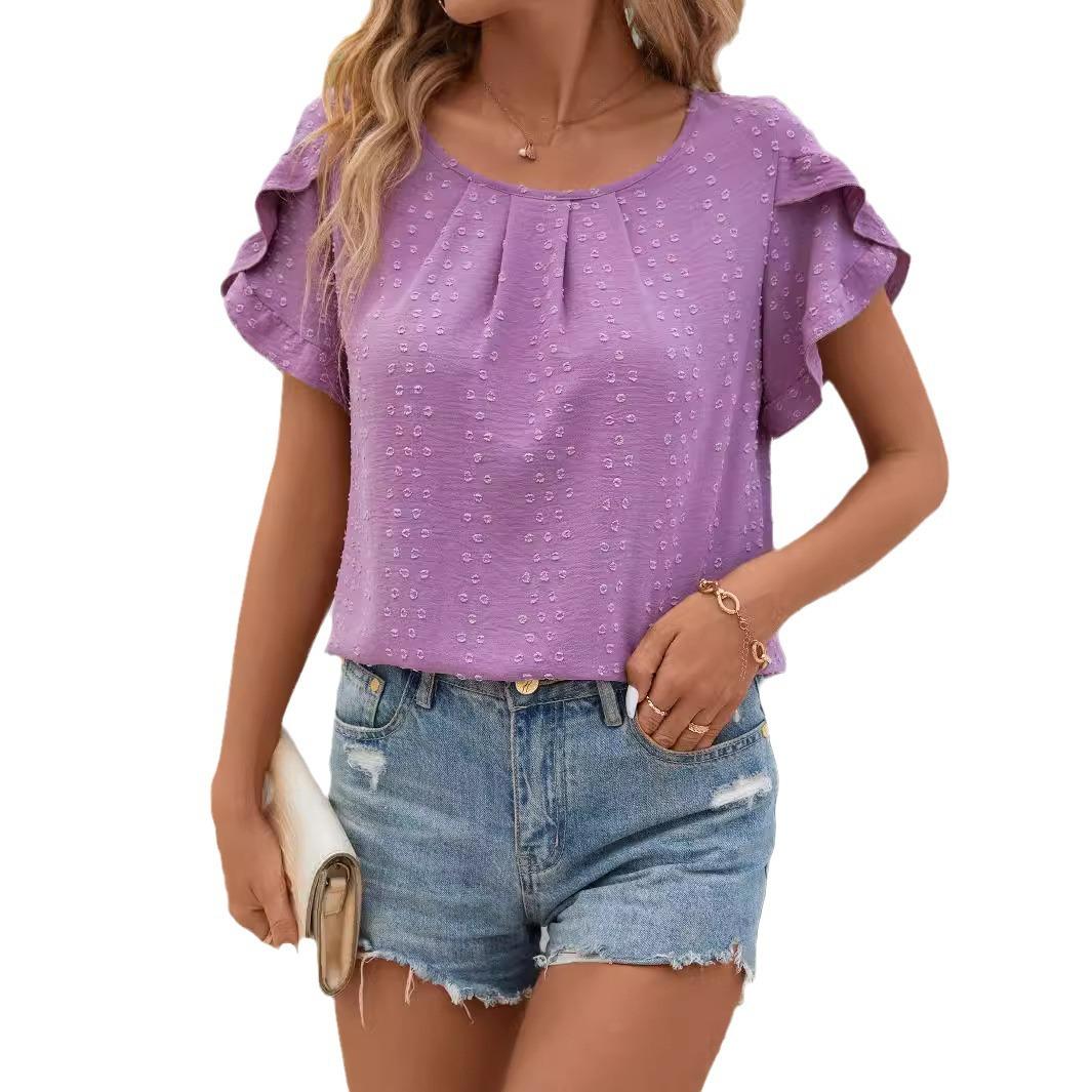 Women S Purple Polka Dot Jacquard Ruffle Short Sleeve Blouse S фиолетовый