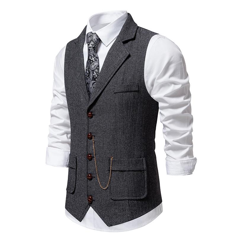 Gilet da uomo retrò con risvolto, alla moda, in tweed grezzo, con tasche, stile casual britannico, vintage, da gentiluomo, per il tempo libero, da festa