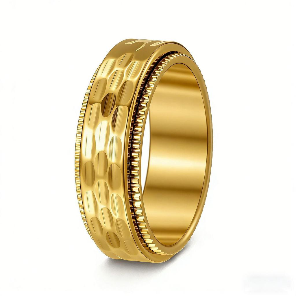 8mm Titanium Steel Punk Rotatable Decompression Ring with Woven Mesh and 18K Vacuum Plating