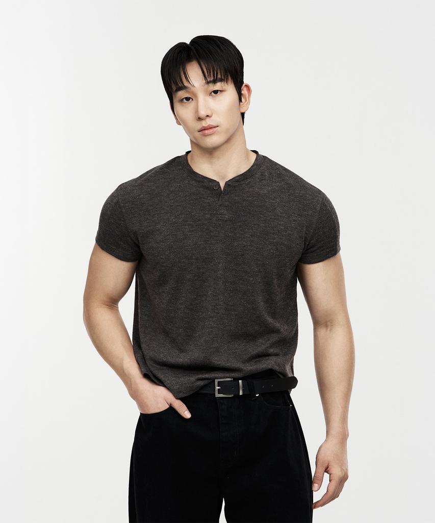 JELEVE Henley Neck One-Button Muscle Fit Short Sleeve