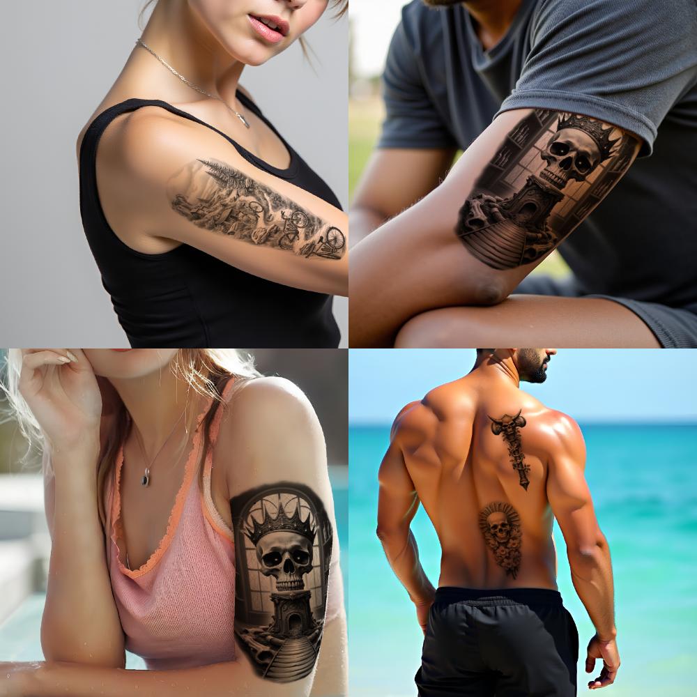 3 Stück Temporäre Tattoos Realistische Temporäre Tattoos Wolfskopf Totenkopf Stab Totenkopf Mit Krone Für Frauen Erwachsene Oberschenkel
