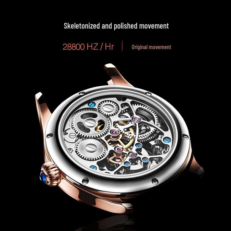 Men's Swiss Movement Waterproof Mechanical Watch with Diamond-Set Skeleton Design and Leather Strap