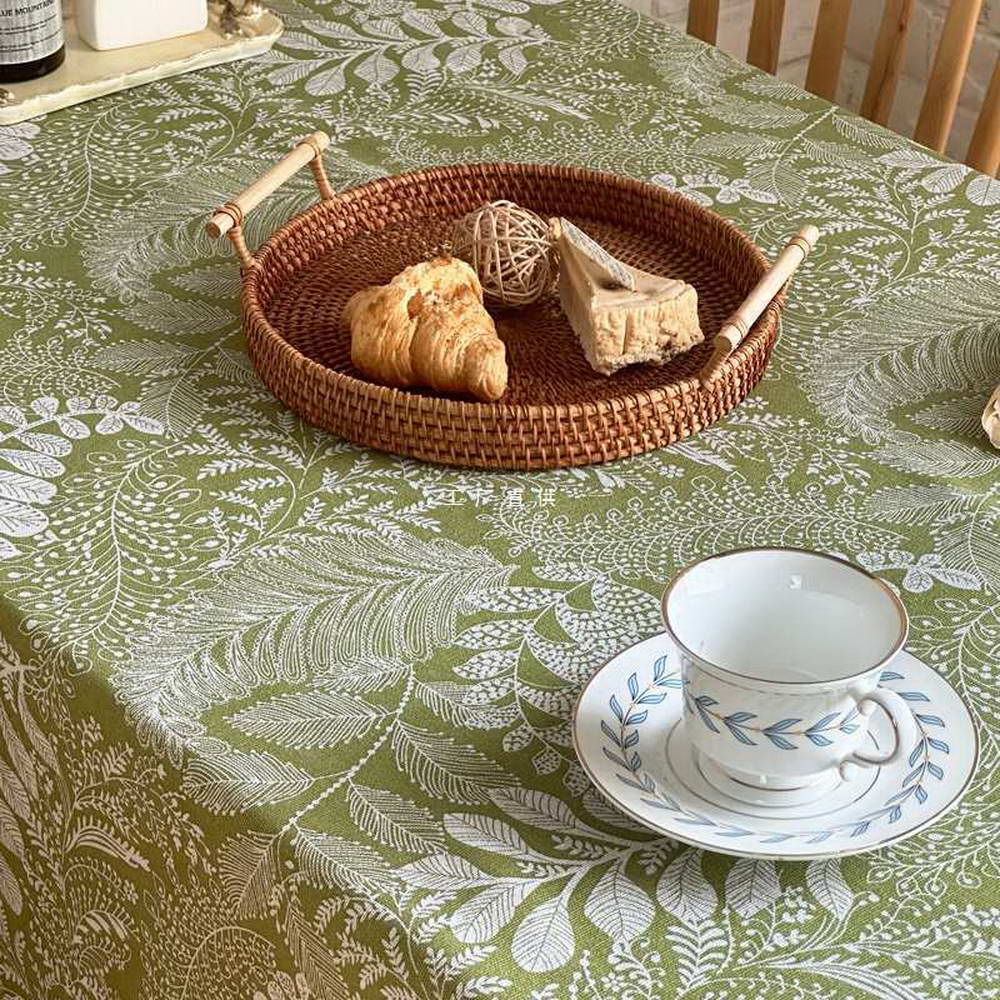 Green Printed Tablecloth Cotton Linen Leaf Pattern With Tassels For Restaurant,Picnic,Table Cover Round Table Overlay Dust Proof