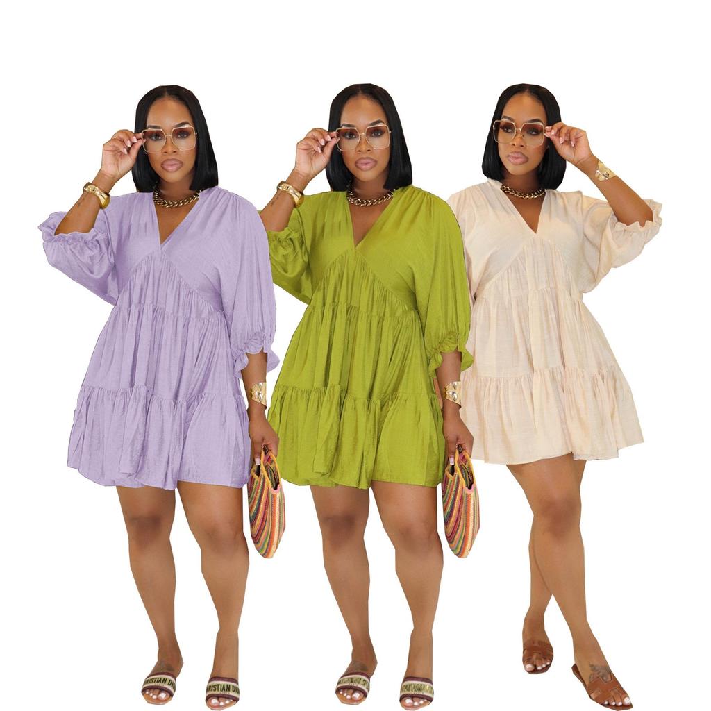 TW748 Casual V-neck Loose Waist Pleated Dress with Three-quarter Sleeves and Wide Hem for Women