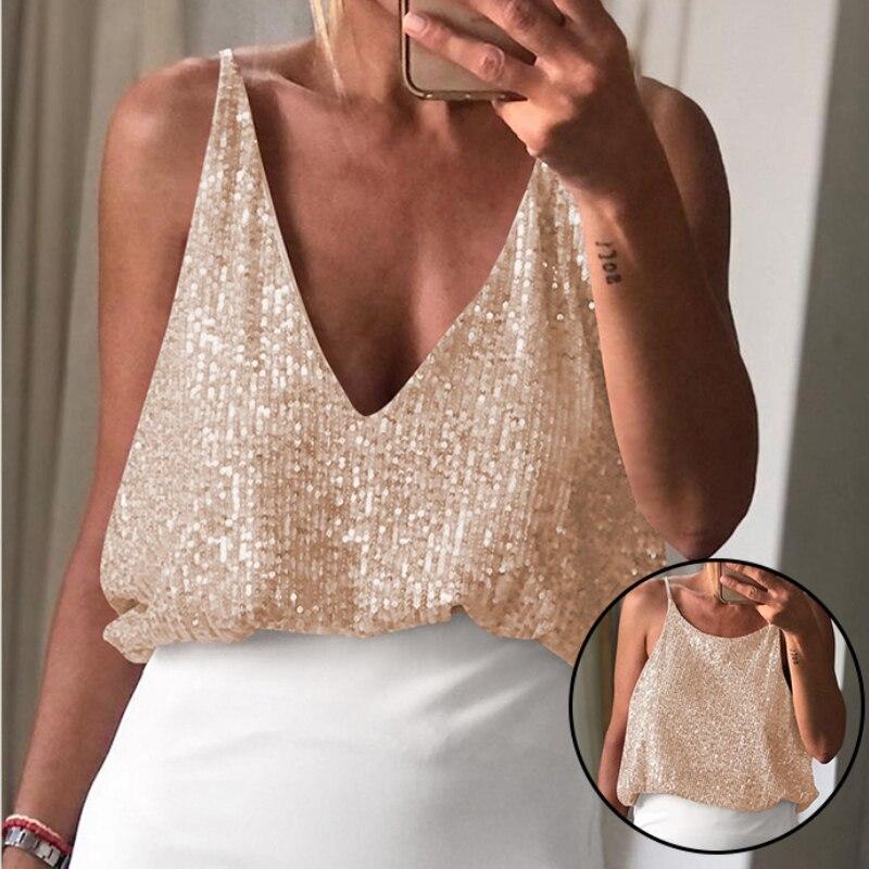 2023 Sommer Ermeløs Party Skjorte Mote Y2k V-hals Sexy Skinnende Topp Kvinner Ensfarget Camis Løs Streetwear Jente 25937