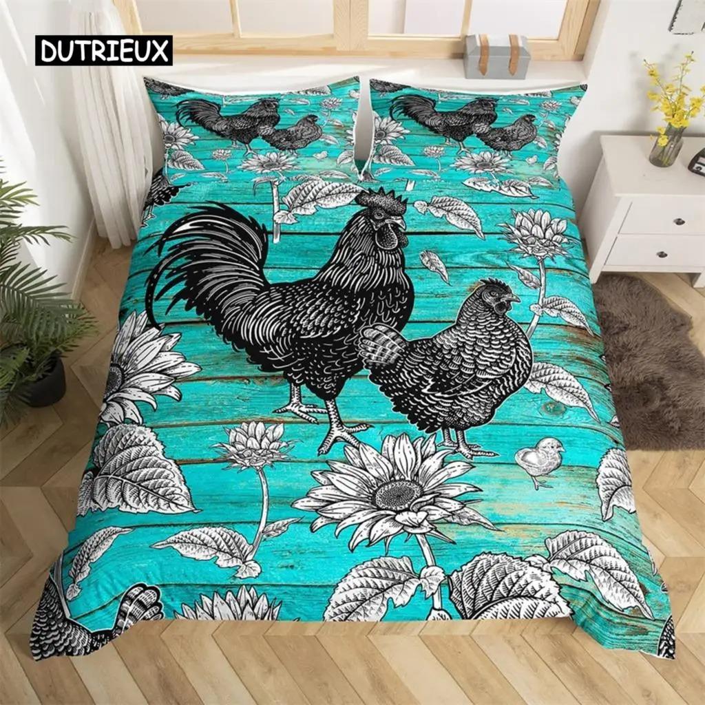 Duvet Cover Pastoral Scenery Animal Chicken Twin Country Sunflower Rooster Comforter Cover Microfiber Rustic Barn Bedding Set