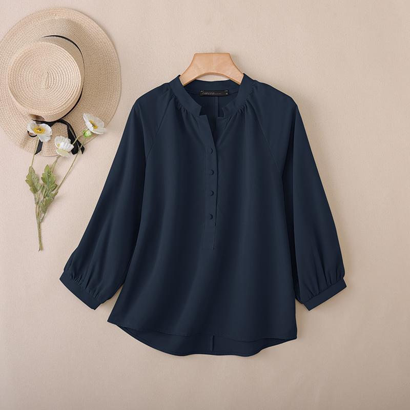 ZANZEA Women Casual Round Neck Solid Color Loose 3/4 Sleeve Blouse
