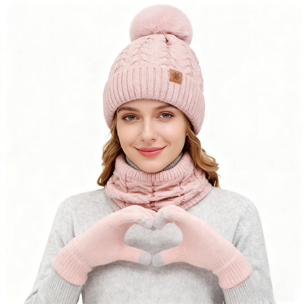 3Pcs Women Winter Hat Scarf Gloves Set Christmas Fur Ball Teenager Beanie Neck Warmer Suit Pompom Knitted Woman Men Cap Set