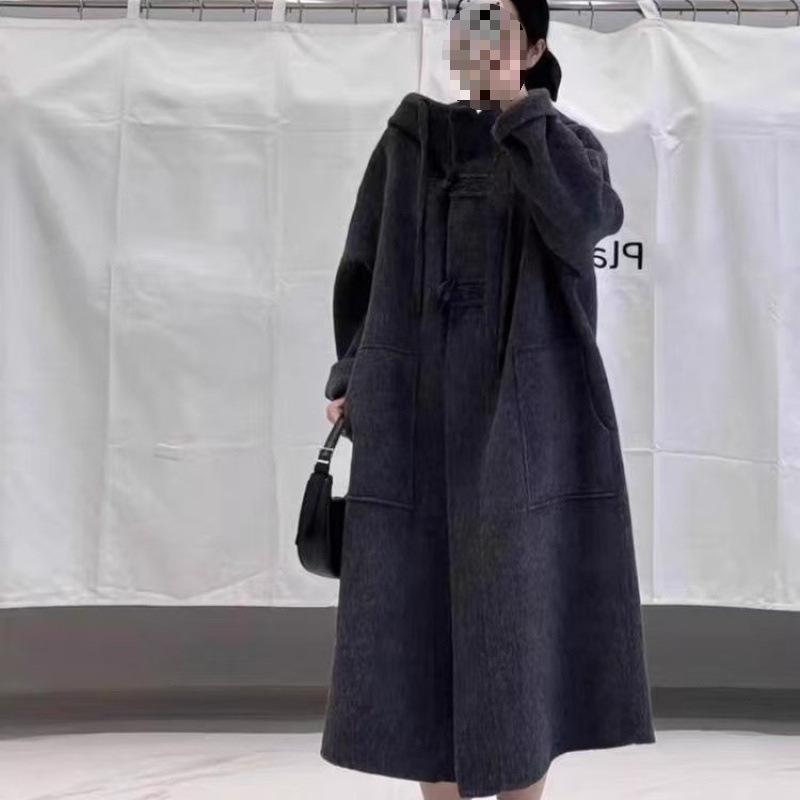 

Европейское повседневное приталенное шерстяное пальто с капюшоном для женщин XL 140-160cm чёрный