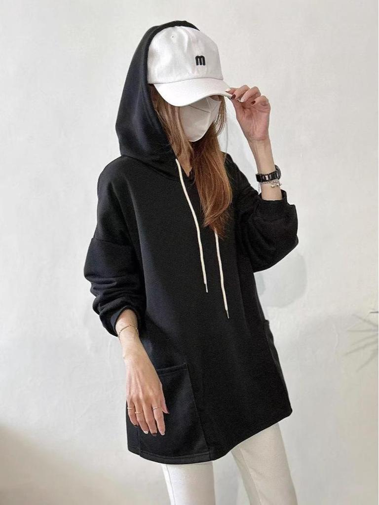 Dongdaemun Stylish Terry Hooded Sweatshirt with Double Pockets - Loose-Fit Casual for Plus Sizes Women.