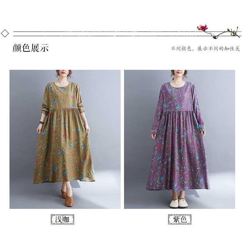 New Literary Plus Size Printed Long Sleeve Ethnic Style Dresses