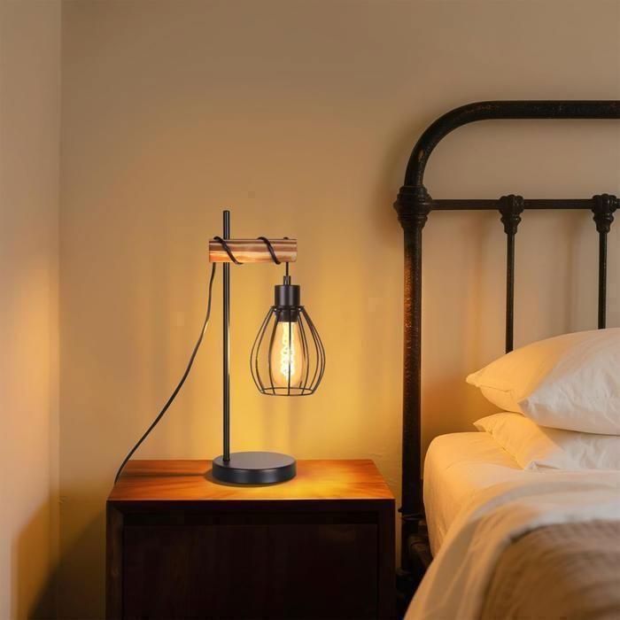 Nettlife Lampe de Table Industrielle Bois &amp; Métal Noir, Cage, pour Salon/Chambre/Bureau/Cuisine