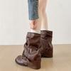 Queen Fan Khaki Retro Thick Heel Heightening Boots Women's 2025 New Autumn with Skirt Thin Trousers Short Boots