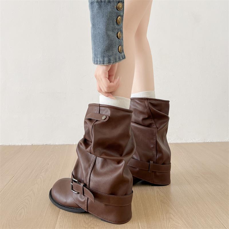 Queen Fan Khaki Retro Thick Heel Heightening Boots Women's 2025 New Autumn with Skirt Thin Trousers Short Boots