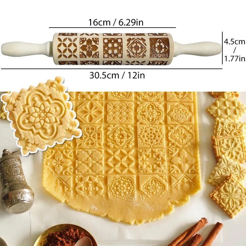 Christmas Rolling Pin with Reindeer Flower Patterns, Wooden Embossed 3D Cookie Mold Laser Engraved DIY Baking Tools Dough Roller