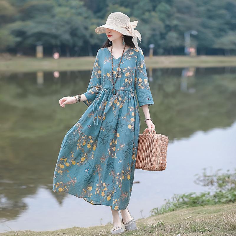 2026 Summer Retro Print Cotton & Linen Long Dress for Women