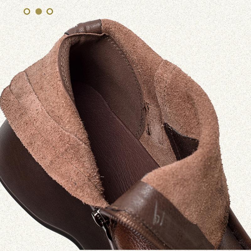 Johnature Versatile Retro Short Boots Thick Sole Genuine Leather Boots Comfortable Women's Shoes