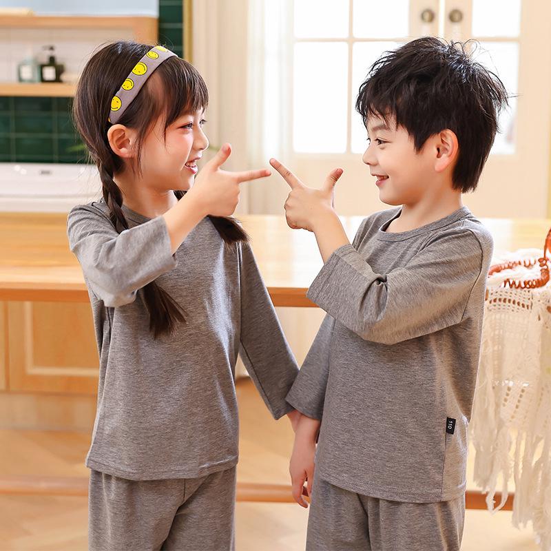 

Модальная тонкая детская пижама с высокой талией - летний комплект с длинными рукавами для мальчиков и девочек 140cm серый