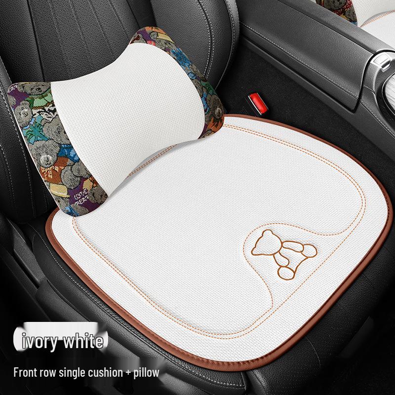 Four Seasons Universal Linen Car Seat Cushion - Cartoon Bear, Breathable, Half-Wrap Rear Seat Cover