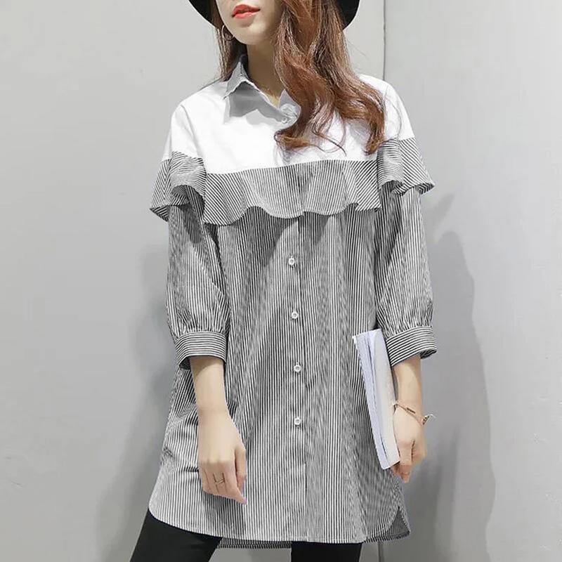 

ZANZEA Women Casual Turn Down Collar Long Sleeve Stripe Patchwork Dress 3XL чорний