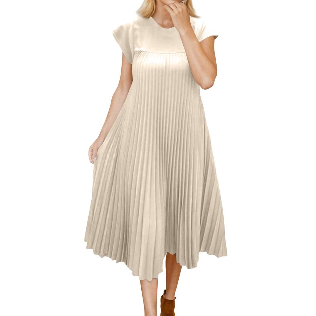 Dress Women's Fashionable Round Neck Sleeveless Pleated Long Dress