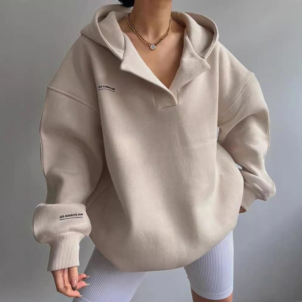 2025 European and American cross-border Amazon new model, velvet hooded printed LOGO long-sleeved versatile sweater V-neck sweater jacket