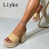 Fashion Liyke Cozy Wood Thick Bottom Open Toe 13.5CM Square High Heels Platform Slippers For Woman Shoes Summer Sandals Zapatos Mujer