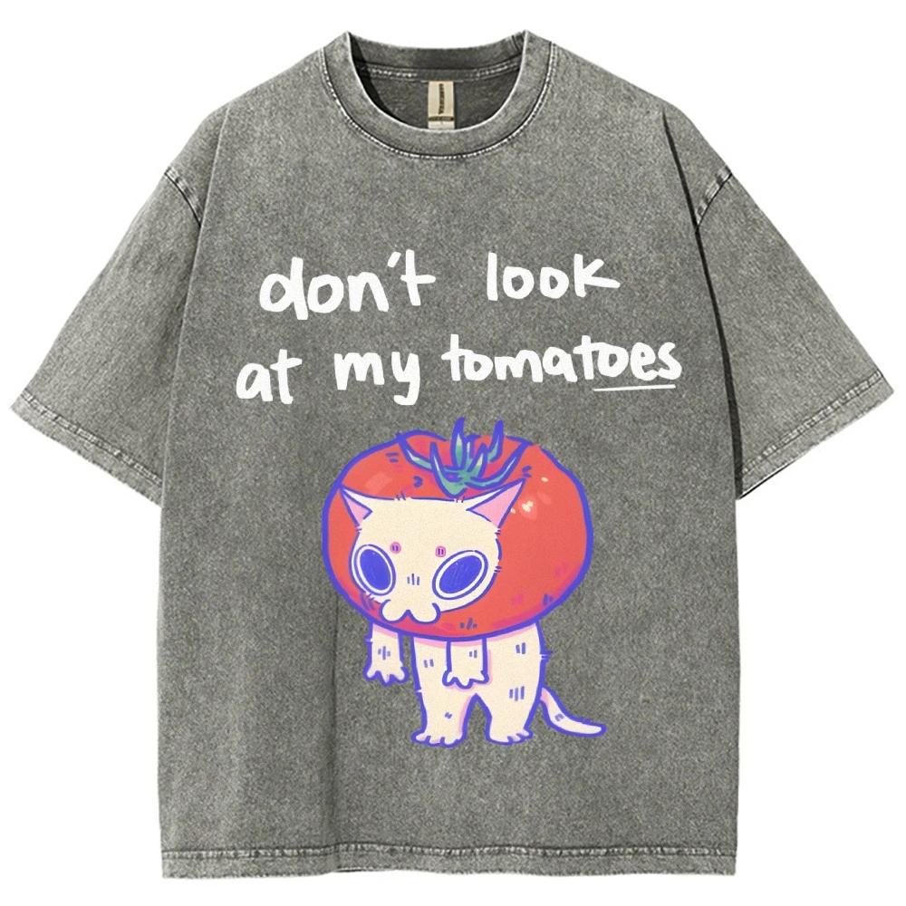 Funny Tomato Cat Print T-shirt Loose High-quality Washed Vintage Casual Trendy Short Sleeve for Men and Women