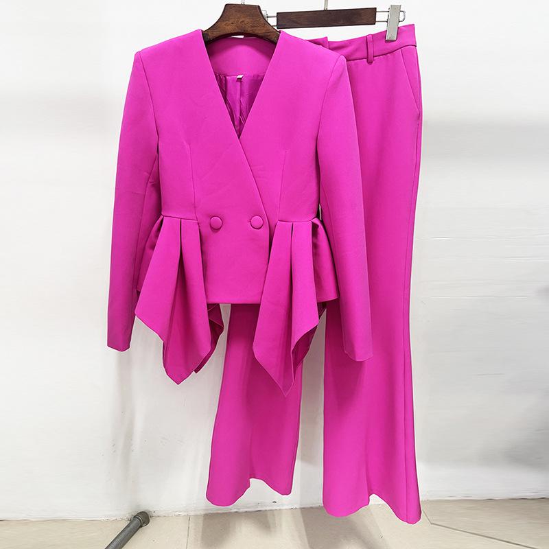 

Available: 2026 Designer Slim Fit Ruffle Hem Jacket & Micro-Flare Pants Two-Piece Set XXL рожевий/фіолетовий