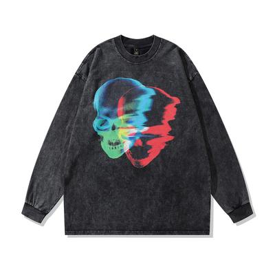 American Vintage Long Sleeve T-Shirt Digital Direct Injection Print Washed Old Long Sleeve Base Top Men'S Ins
