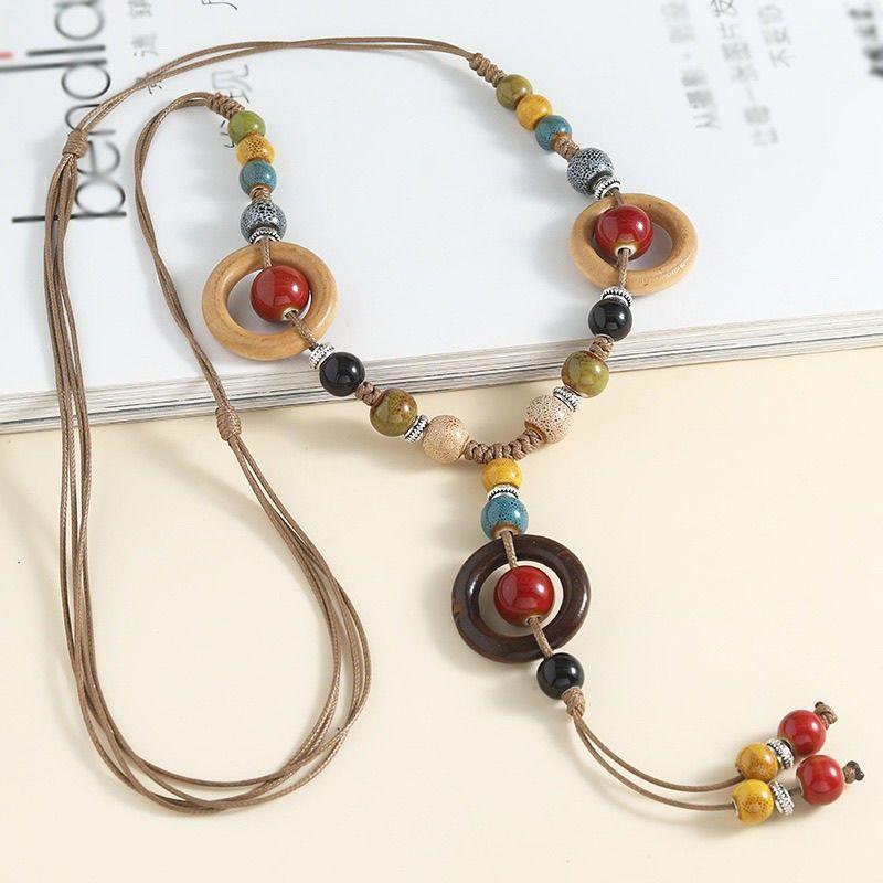 Butterfly Pendant Ceramic Necklace Long Vintage Versatile Wooden Ring Sweater Chain Adjustable Clothes Accessories
